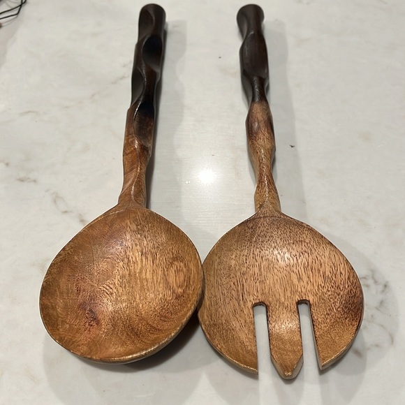 Natural & Espresso Mango Wood Salad Server Set with Drawstring Bag/NWT - Picture 10 of 10